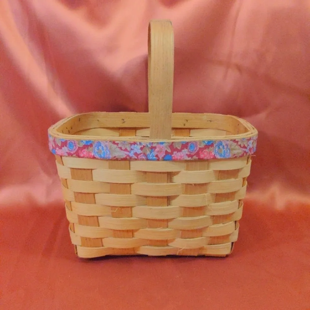 Vintage Woven Wood Splint Basket with Floral Fabric Trim and Fixed Handle